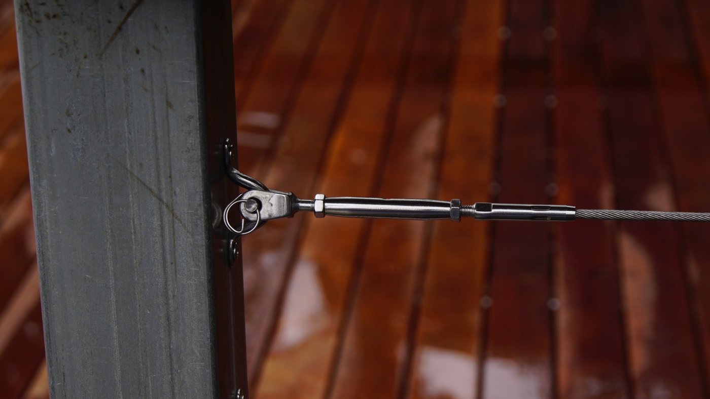 Close-up of the marine-grade stainless steel wire balustrade fitting on the Glen Osmond timber deck