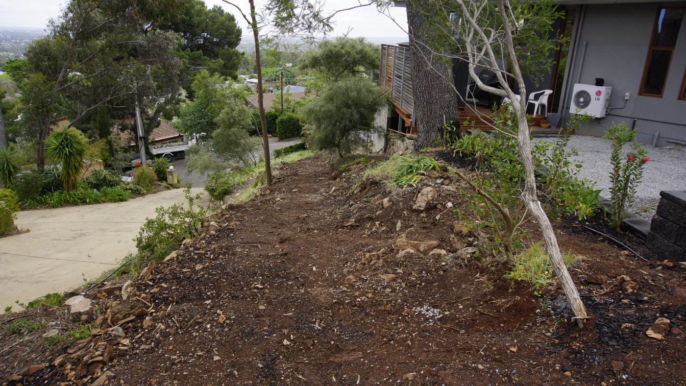 Cleared sloping backyard in Glen Osmond mid-earthworks, with city views in the background