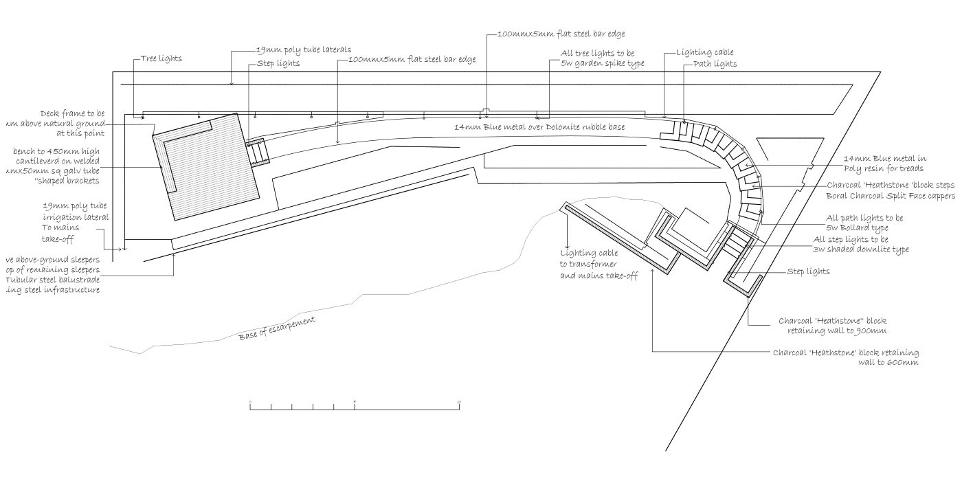 Hardscape landscaping concept plan drawing for a timber deck, retaining wall and steps on a sloping block in Glen Osmond