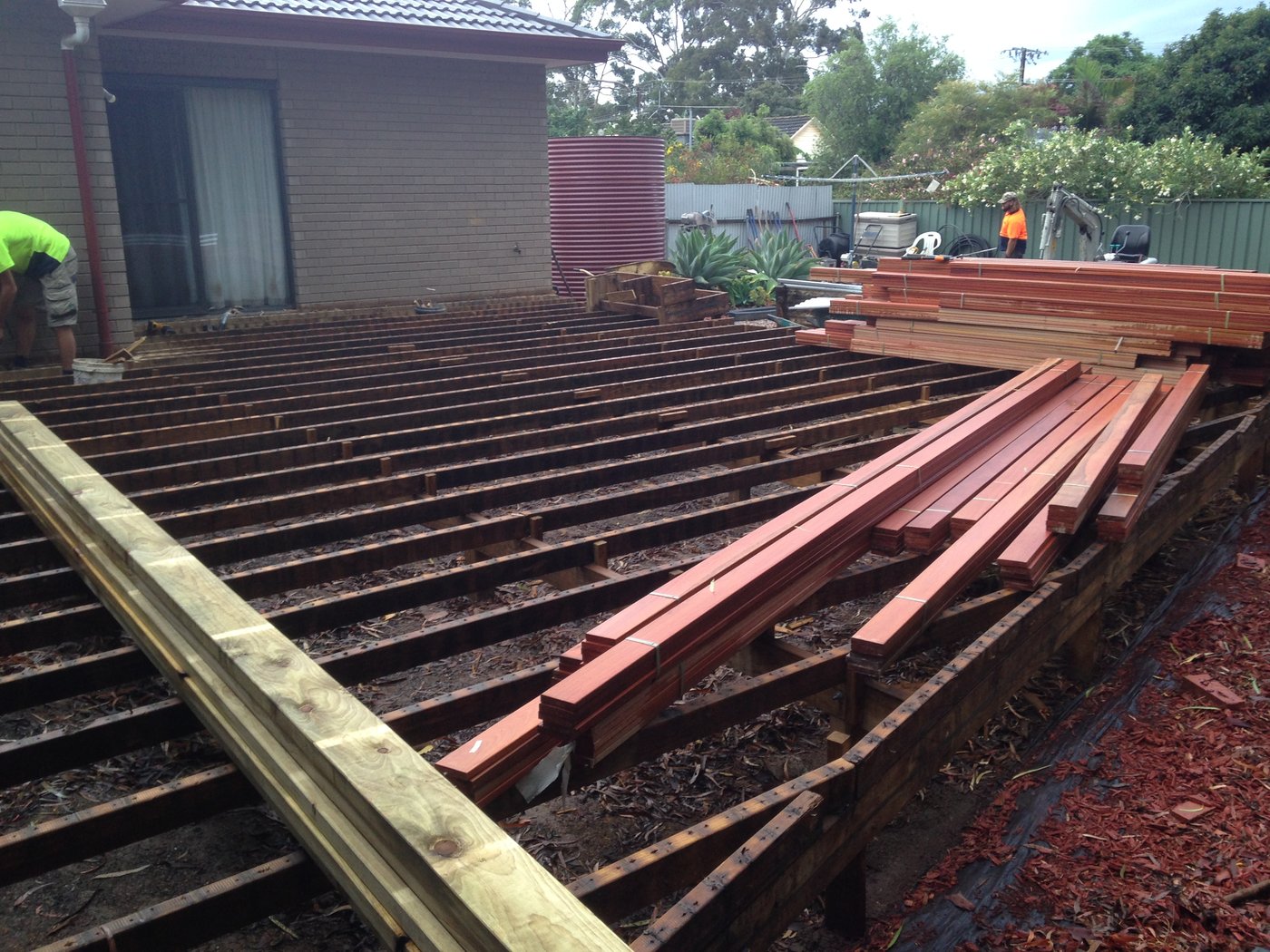 New hardwood timber deck under construction at a house in Oaklands Park