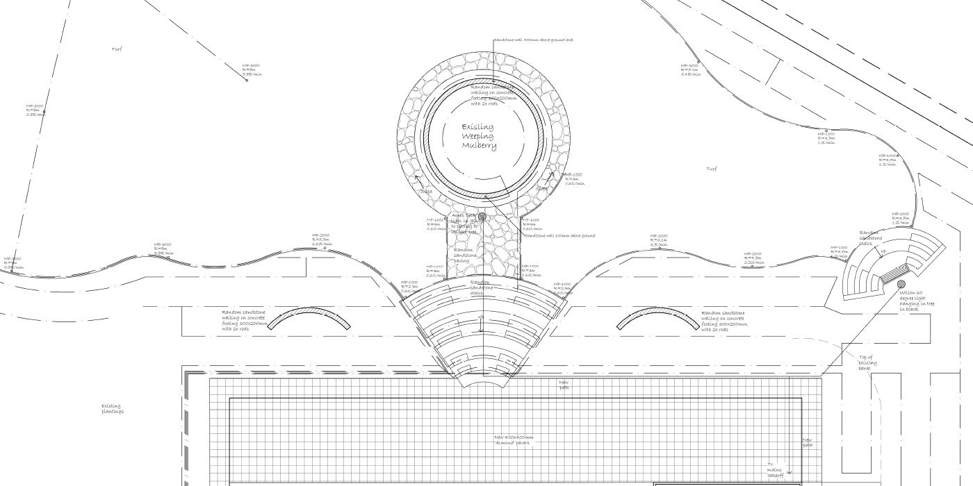 Hardscape plan drawing showing the circular garden bed and paths designed around an existing Weeping Mulberry at Willunga
