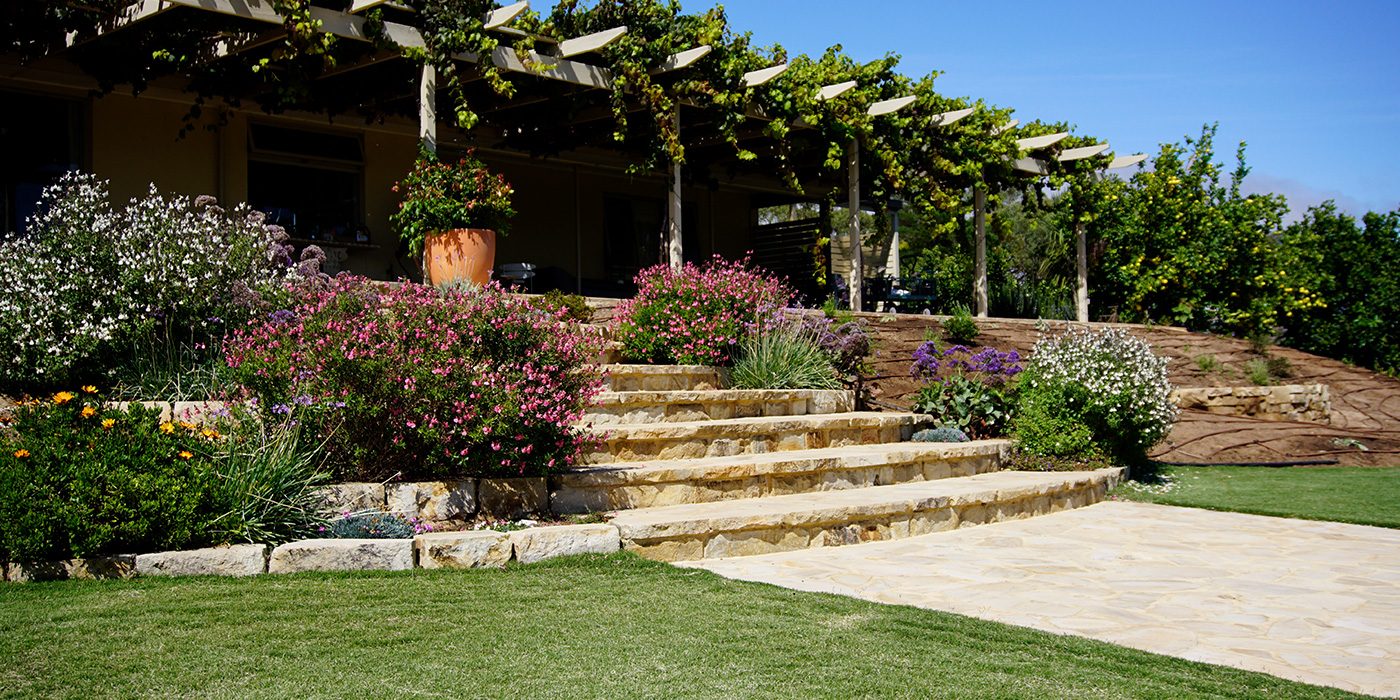 Finished sandstone steps and paving at a Willunga winery