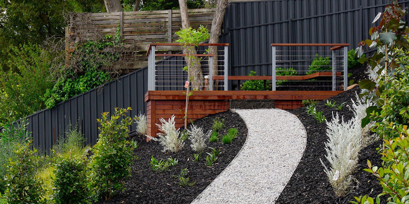 Finished timber deck built into a sloping backyard in Glen Osmond
