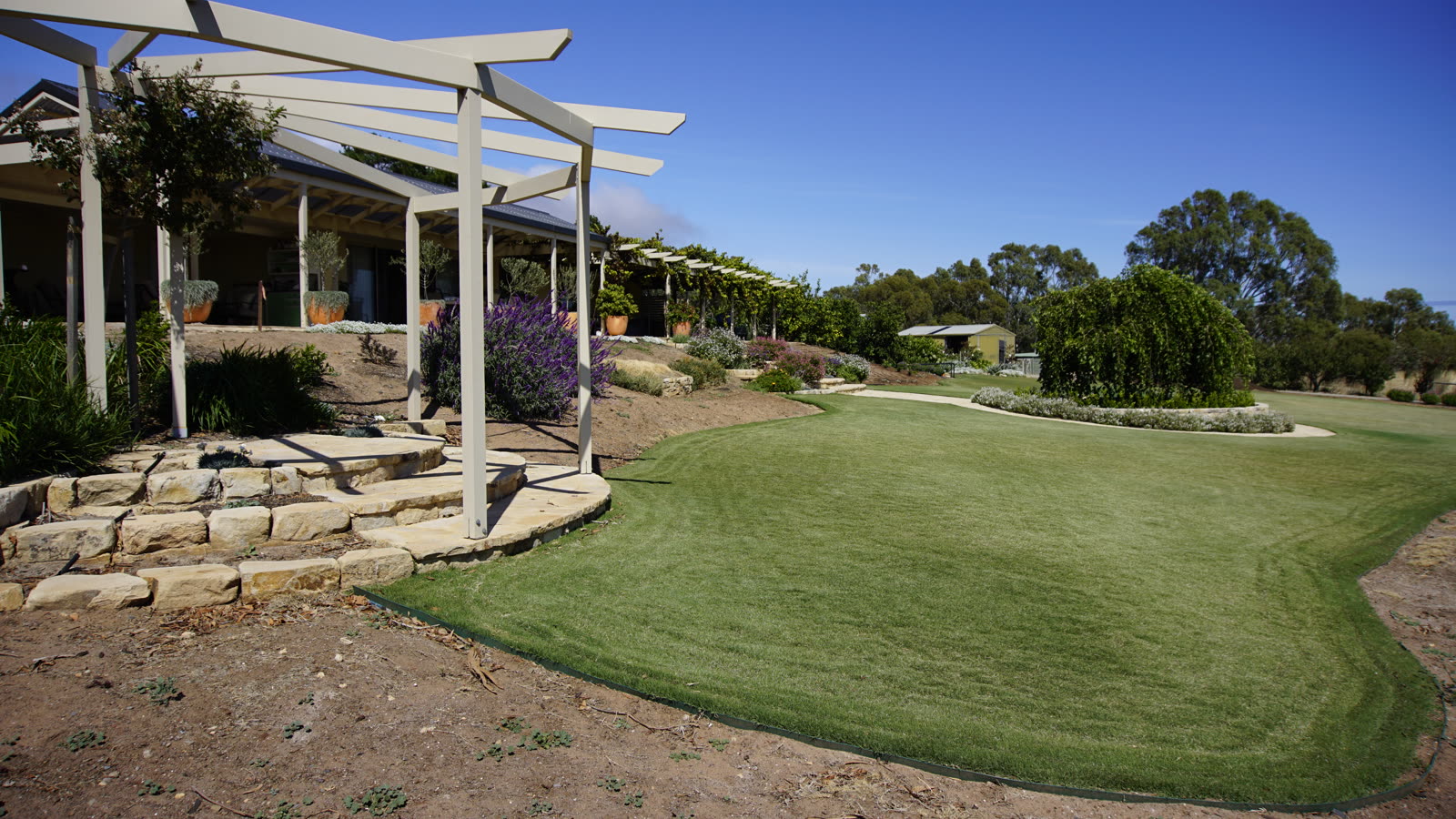 Sweeping new lawn and sandstone terraced steps beneath a pergola at a Willunga winery property
